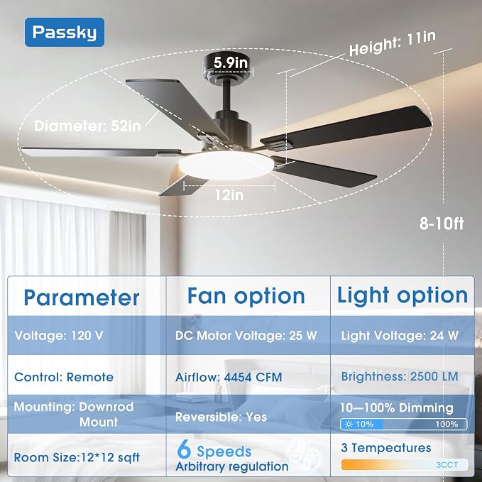 Ceiling Fans with Lights, 52 inch Sleek Ceiling Fan with Light and Remote Control, 3CCT, Dimmable, Reversible, Noiseless