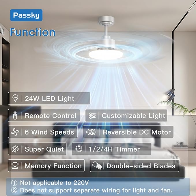 Ceiling Fans with Lights, 52 inch Sleek Ceiling Fan with Light and Remote Control, 3CCT, Dimmable, Reversible, alternate view