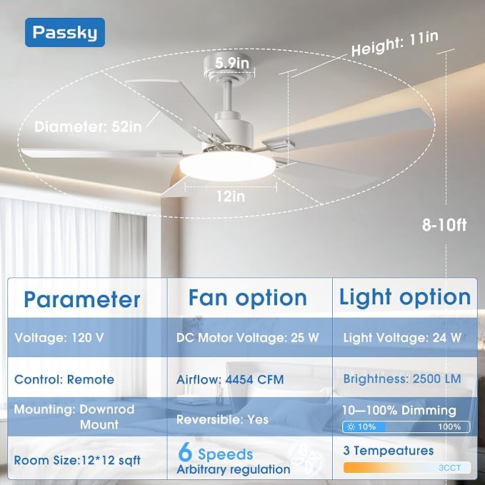 Ceiling Fans with Lights, 52 inch Sleek Ceiling Fan with Light and Remote Control, 3CCT, Dimmable, Reversible, alternate view