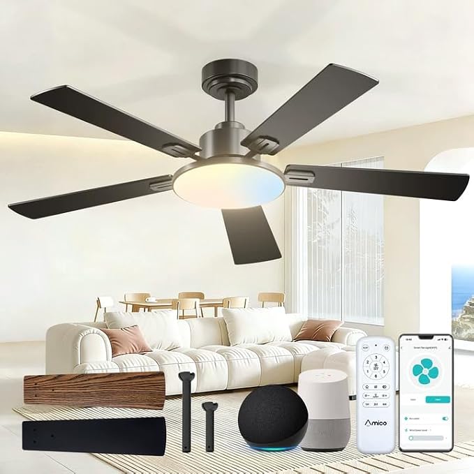 Ceiling Fans with Lights, 52 inch Smart Ceiling Fan with Remote/APP/Alexa Control, Downrod Mount, Reversible DC Motor, 5