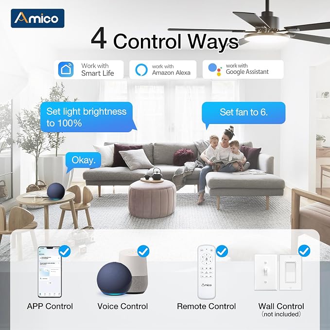 Ceiling Fans with Lights, 52 inch Smart Ceiling Fan with Remote/APP/Alexa Control, Downrod Mount, Reversible DC Motor, 5