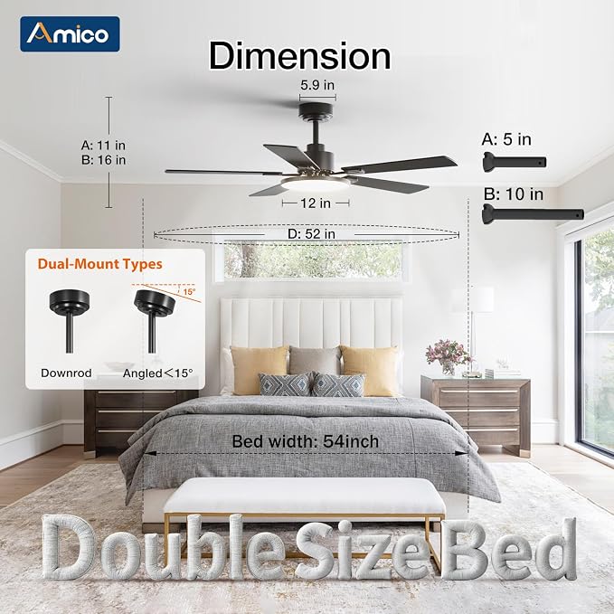 Ceiling Fans with Lights, 52 inch Smart Ceiling Fan with Remote/APP/Alexa Control, Downrod Mount, Reversible DC Motor, 5