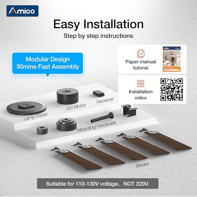 Ceiling Fans with Lights, 52 inch Smart Ceiling Fan with Remote/APP/Alexa Control, Downrod Mount, Reversible DC Motor, 5