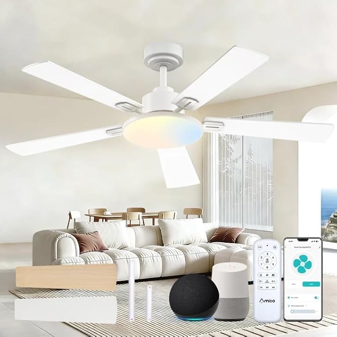 Ceiling Fans with Lights, 52 inch Smart Ceiling Fan with Remote/APP/Alexa Control, Downrod Mount, Reversible DC Motor, 5