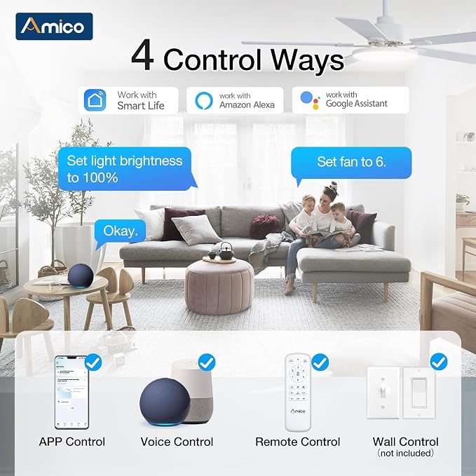 Ceiling Fans with Lights, 52 inch Smart Ceiling Fan with Remote/APP/Alexa Control, Downrod Mount, Reversible DC Motor, 5