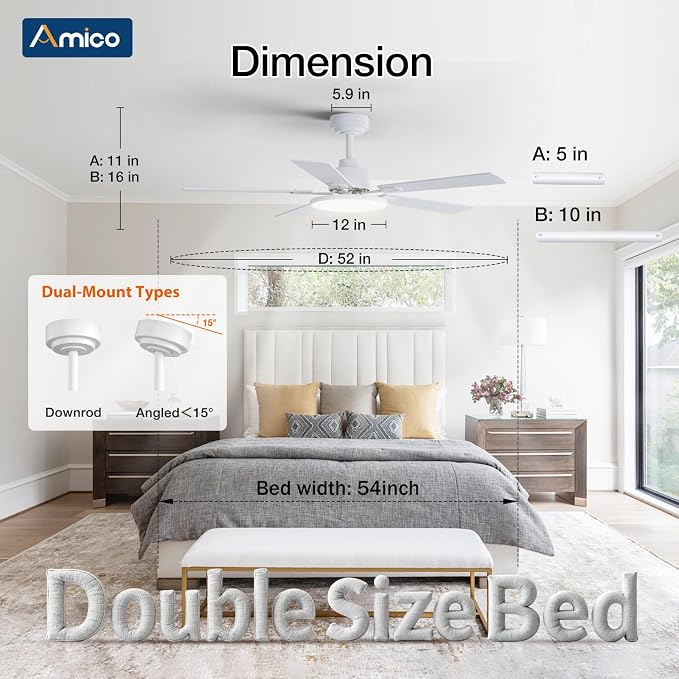 Ceiling Fans with Lights, 52 inch Smart Ceiling Fan with Remote/APP/Alexa Control, Downrod Mount, Reversible DC Motor, 5