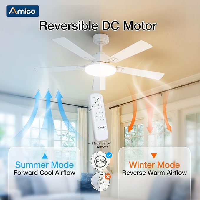 Ceiling Fans with Lights, 52 inch Smart Ceiling Fan with Remote/APP/Alexa Control, Downrod Mount, Reversible DC Motor, 5