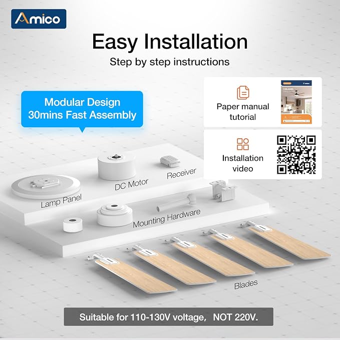 Ceiling Fans with Lights, 52 inch Smart Ceiling Fan with Remote/APP/Alexa Control, Downrod Mount, Reversible DC Motor, 5