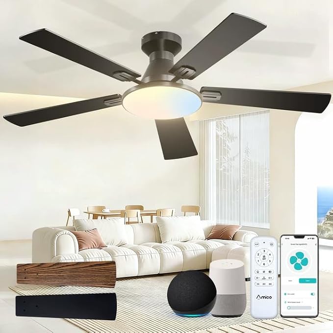 Ceiling Fans with Lights, 52 inch Smart Ceiling Fan with Remote/APP/Alexa Control, Flush Mount, Reversible DC