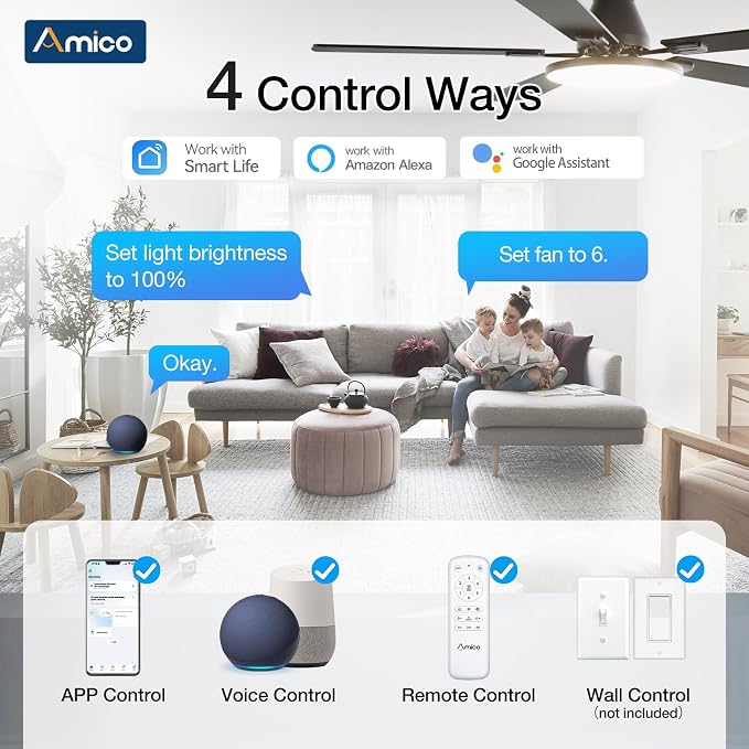 Ceiling Fans with Lights, 52 inch Smart Ceiling Fan with Remote/APP/Alexa Control, Flush Mount, Reversible DC, alternate view