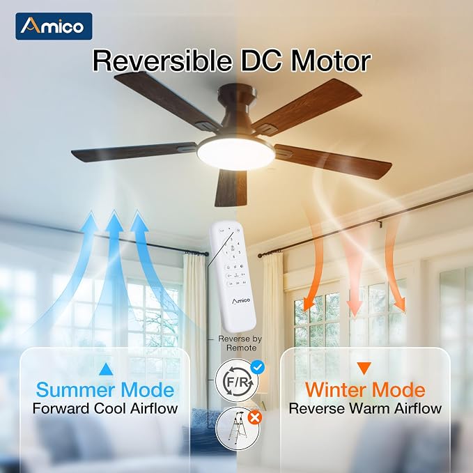 Ceiling Fans with Lights, 52 inch Smart Ceiling Fan with Remote/APP/Alexa Control, Flush Mount, Reversible DC, alternate view