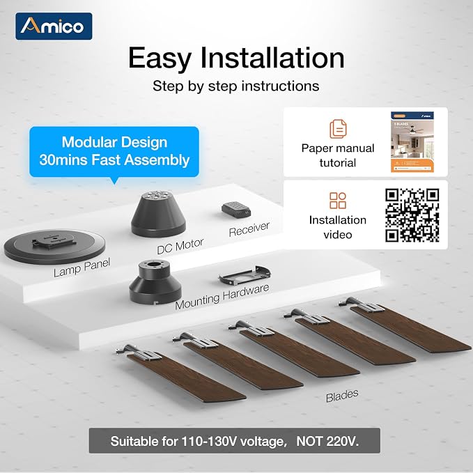 Ceiling Fans with Lights, 52 inch Smart Ceiling Fan with Remote/APP/Alexa Control, Flush Mount, Reversible DC, alternate view