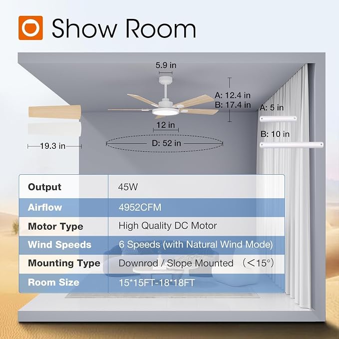 Ceiling Fans with Lights, 52 inch White Ceiling fan with Light and Remote Control, Reversible, 3CCT, Dimmable, Noiseless
