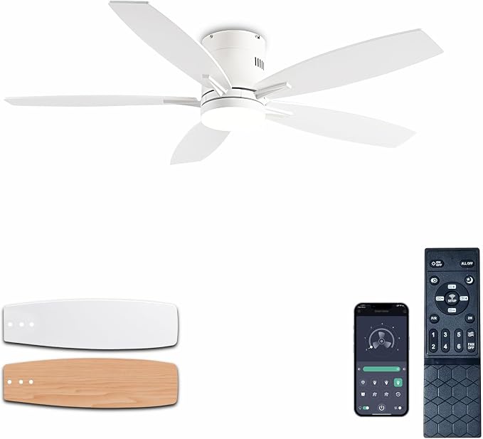 Ceiling Fans with Lights, 52" Low Profile Indoor Ceiling Fan with Light and Remote Control, Dimmable, Noiseless, Reversible