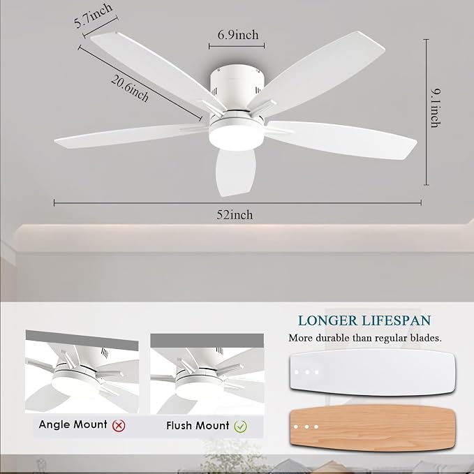 Ceiling Fans with Lights, 52" Low Profile Indoor Ceiling Fan with Light and Remote Control, Dimmable, Noiseless, Reversible