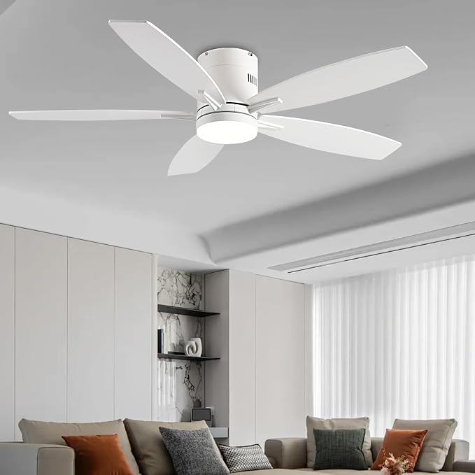 Ceiling Fans with Lights, 52" Low Profile Indoor Ceiling Fan with Light and Remote Control, Dimmable, Noiseless, Reversible