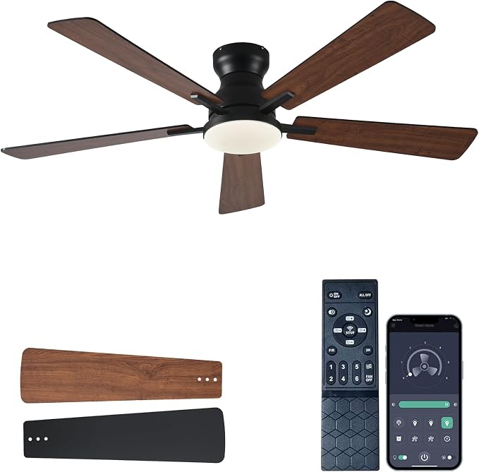 Ceiling Fans with Lights, 52Inch Low Profile Ceiling Fan with Light and Remote/App Control, Modern Flush Mount Brown Ceiling