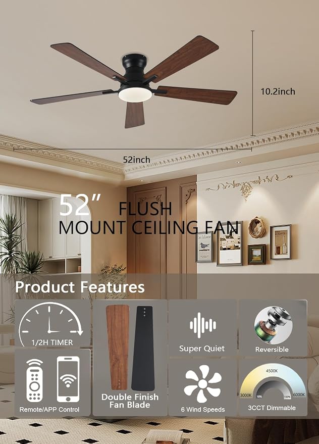 Ceiling Fans with Lights, 52Inch Low Profile Ceiling Fan with Light and Remote/App Control, Modern Flush Mount Brown Ceiling