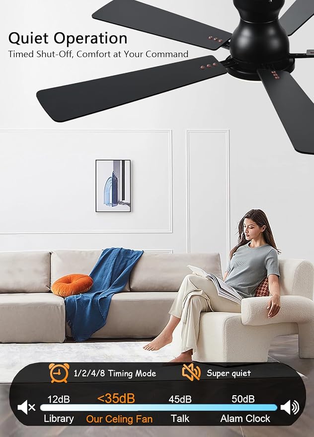 Ceiling Fans with Lights, 52Inch Low Profile Ceiling Fan with Light and Remote/App Control, Modern Flush Mount Brown Ceiling