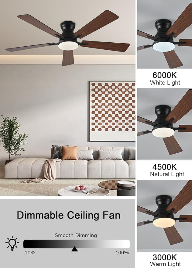 Ceiling Fans with Lights, 52Inch Low Profile Ceiling Fan with Light and Remote/App Control, Modern Flush Mount Brown Ceiling