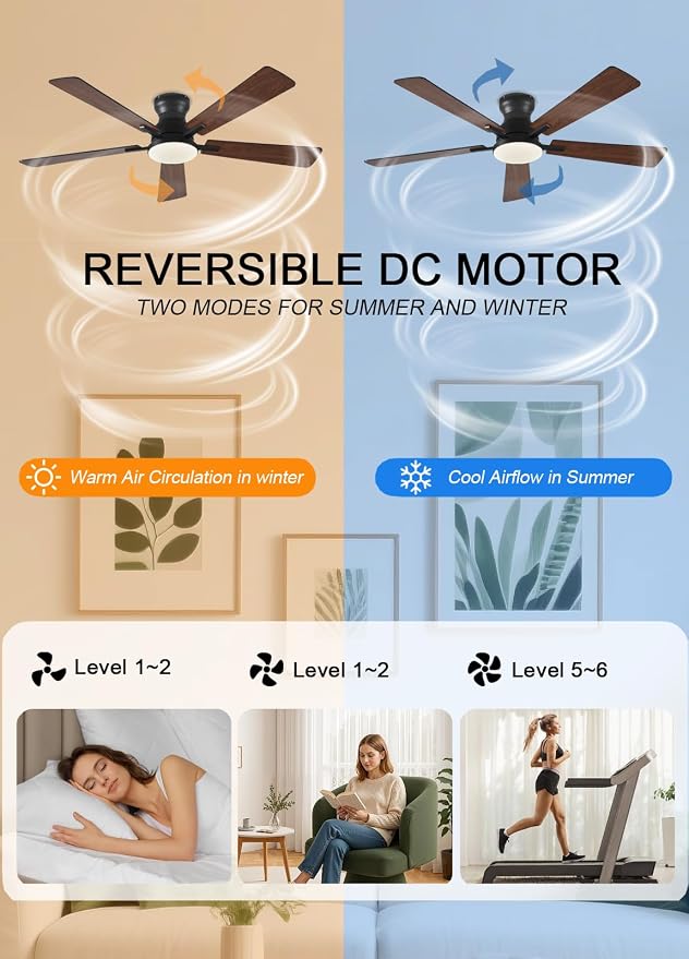 Ceiling Fans with Lights, 52Inch Low Profile Ceiling Fan with Light and Remote/App Control, Modern Flush Mount Brown Ceiling