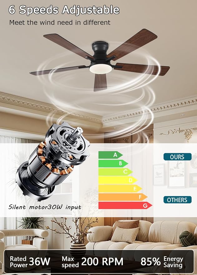 Ceiling Fans with Lights, 52Inch Low Profile Ceiling Fan with Light and Remote/App Control, Modern Flush Mount Brown Ceiling