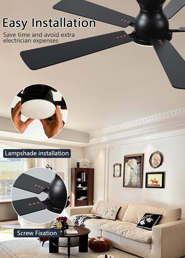 Ceiling Fans with Lights, 52Inch Low Profile Ceiling Fan with Light and Remote/App Control, Modern Flush Mount Brown Ceiling