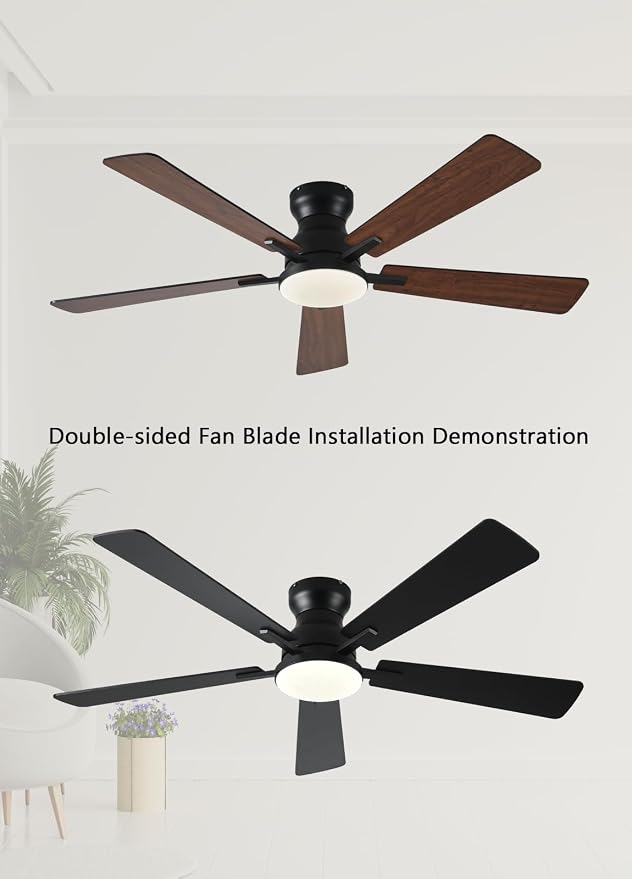 Ceiling Fans with Lights, 52Inch Low Profile Ceiling Fan with Light and Remote/App Control, Modern Flush Mount Brown Ceiling