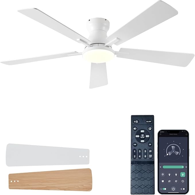 Ceiling Fans with Lights, 52Inch Low Profile Ceiling Fan with Light and Remote/App Control, Modern Flush Mount White Ceiling