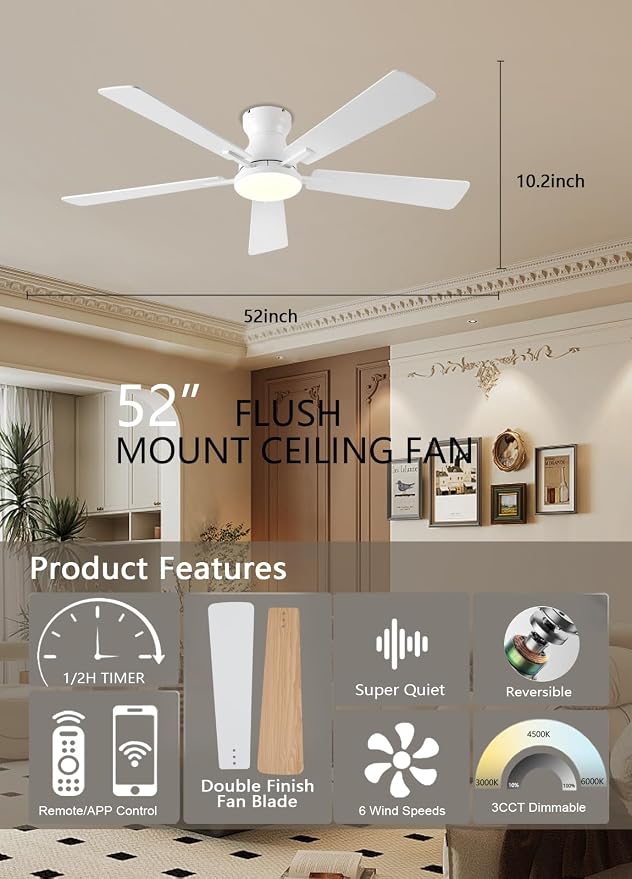 Ceiling Fans with Lights, 52Inch Low Profile Ceiling Fan with Light and Remote/App Control, Modern Flush Mount White Ceiling