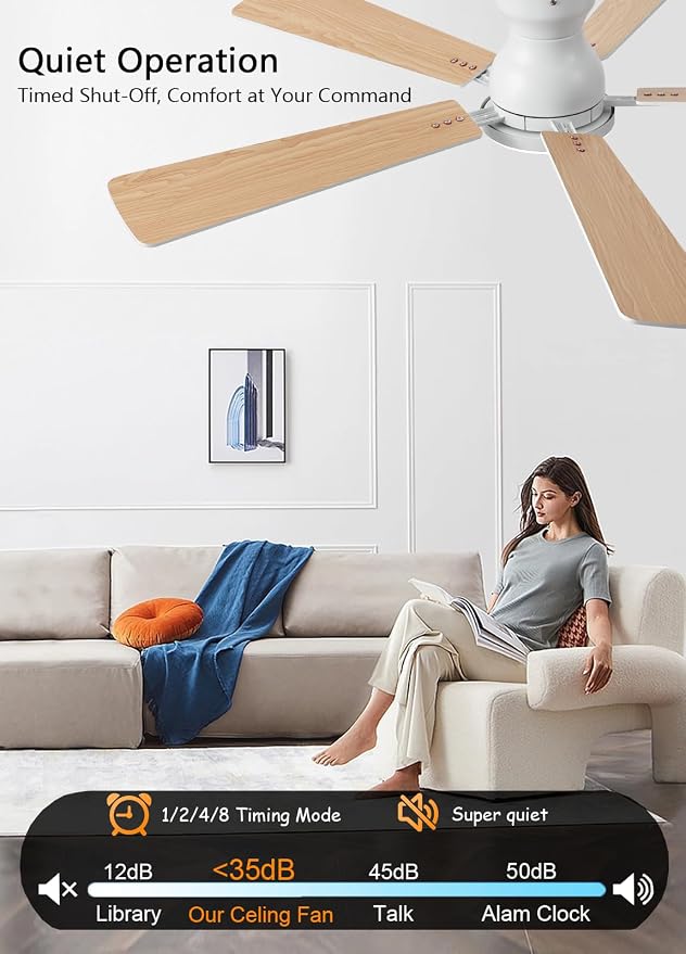 Ceiling Fans with Lights, 52Inch Low Profile Ceiling Fan with Light and Remote/App Control, Modern Flush Mount White Ceiling