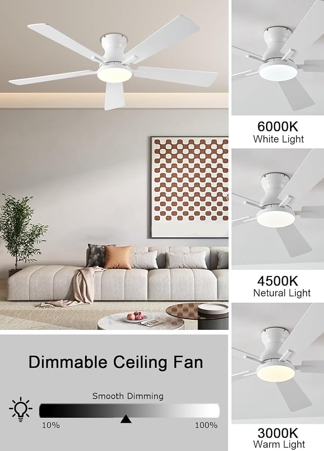 Ceiling Fans with Lights, 52Inch Low Profile Ceiling Fan with Light and Remote/App Control, Modern Flush Mount White Ceiling