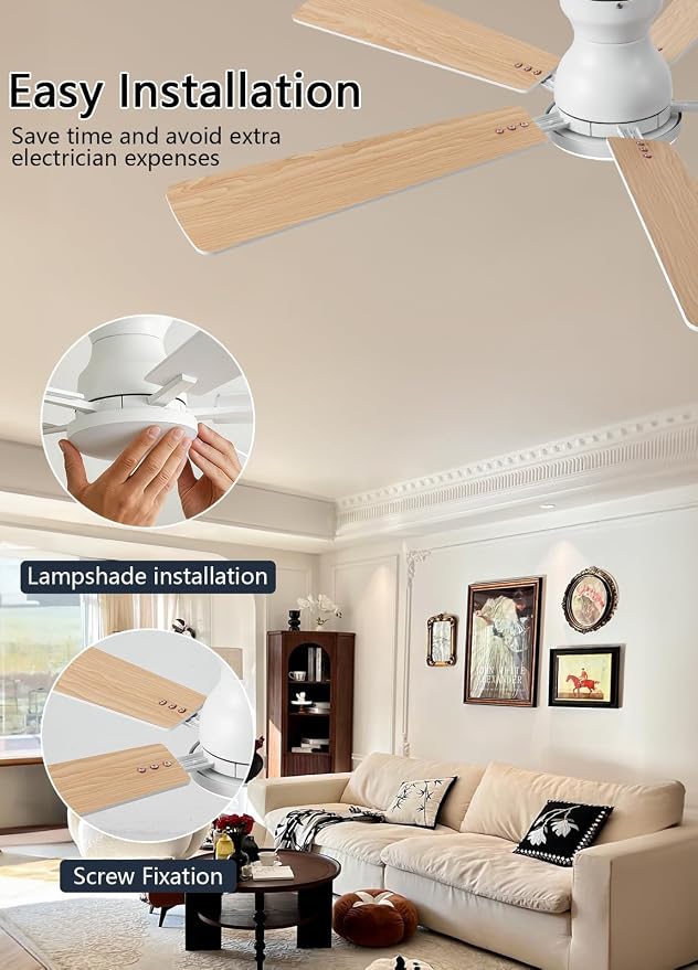 Ceiling Fans with Lights, 52Inch Low Profile Ceiling Fan with Light and Remote/App Control, Modern Flush Mount White Ceiling