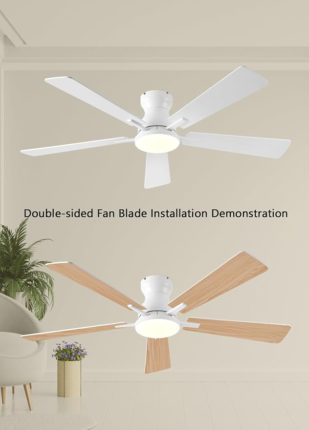 Ceiling Fans with Lights, 52Inch Low Profile Ceiling Fan with Light and Remote/App Control, Modern Flush Mount White Ceiling
