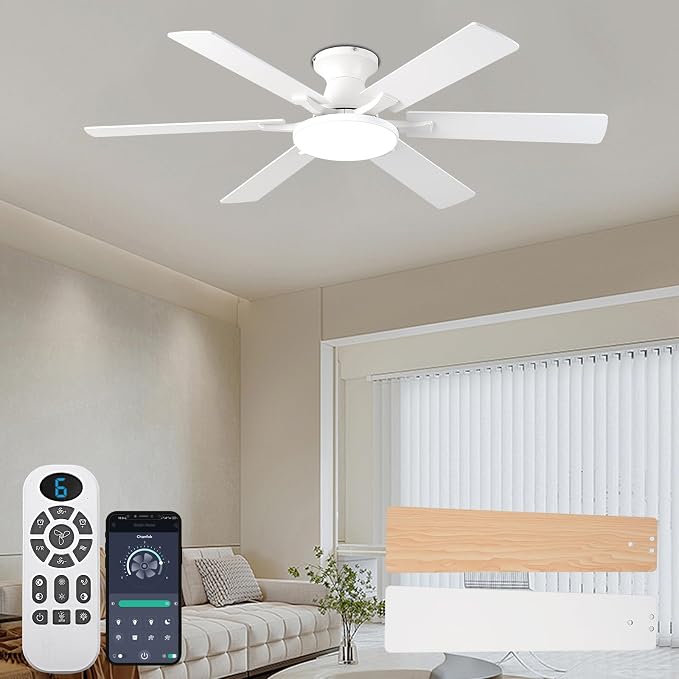 Ceiling Fans with Lights,54 Inch Low Profile Ceiling Fan with Light and Remote Control,6 Speeds/6 Blade, Flush