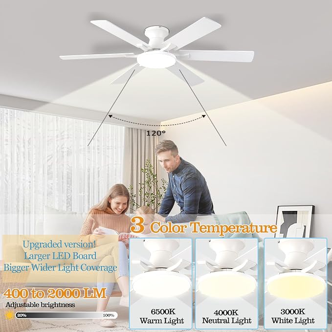 Ceiling Fans with Lights,54 Inch Low Profile Ceiling Fan with Light and Remote Control,6 Speeds/6 Blade, Flush, alternate