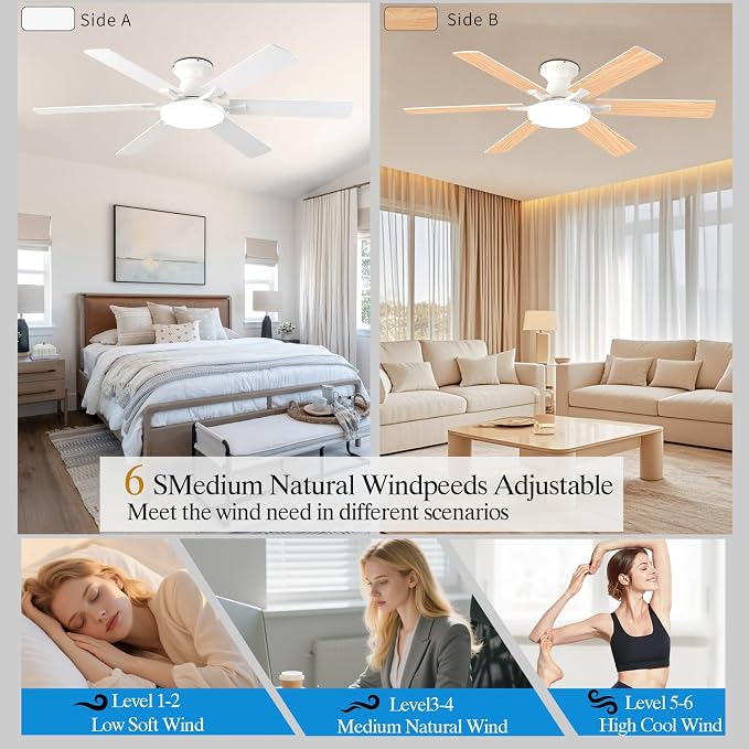Ceiling Fans with Lights,54 Inch Low Profile Ceiling Fan with Light and Remote Control,6 Speeds/6 Blade, Flush, alternate