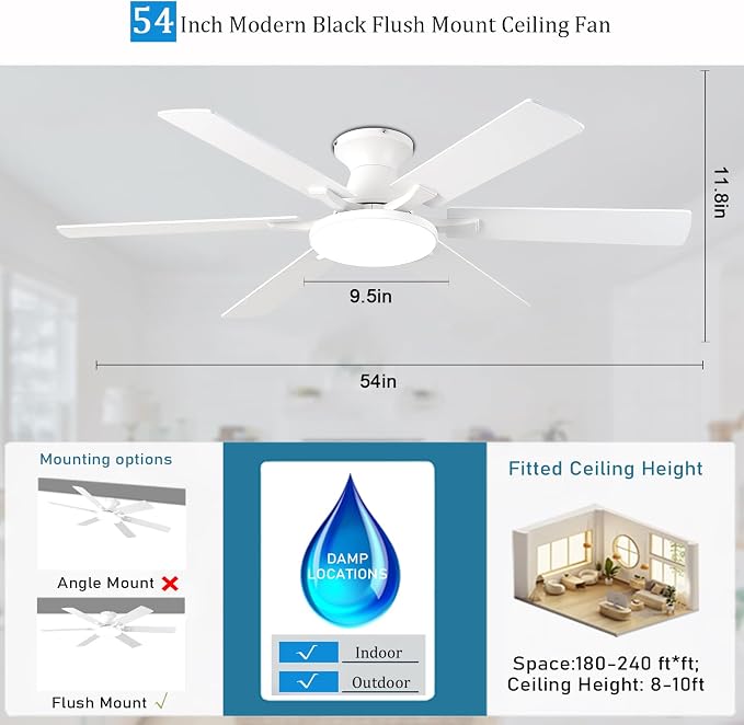 Ceiling Fans with Lights,54 Inch Low Profile Ceiling Fan with Light and Remote Control,6 Speeds/6 Blade, Flush, alternate