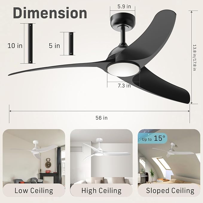 Ceiling Fans with Lights, 56 inch Low Profile Ceiling Fan with Light and Remote Control, Flush Mount, 3CCT, Dimmable, Quiet