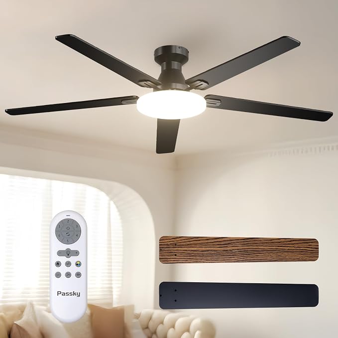 Ceiling Fans with Lights, 60 inch Flush Mount Ceiling fan with Remote Control, Low Profile Ceiling Fan for Bedroom