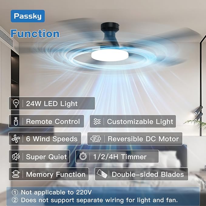 Ceiling Fans with Lights, 60 inch Flush Mount Ceiling fan with Remote Control, Low Profile Ceiling Fan for Bedroom