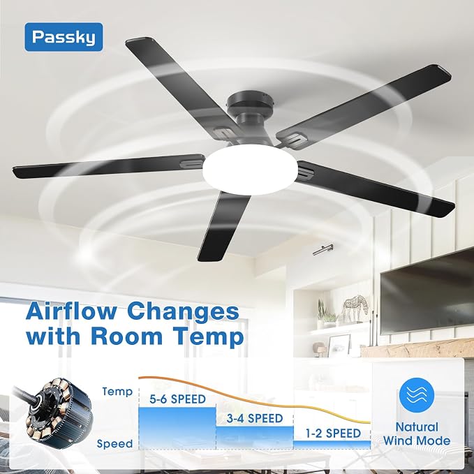 Ceiling Fans with Lights, 60 inch Flush Mount Ceiling fan with Remote Control, Low Profile Ceiling Fan for Bedroom
