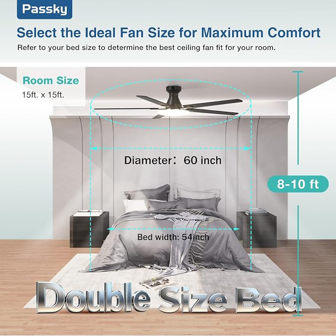 Ceiling Fans with Lights, 60 inch Flush Mount Ceiling fan with Remote Control, Low Profile Ceiling Fan for Bedroom