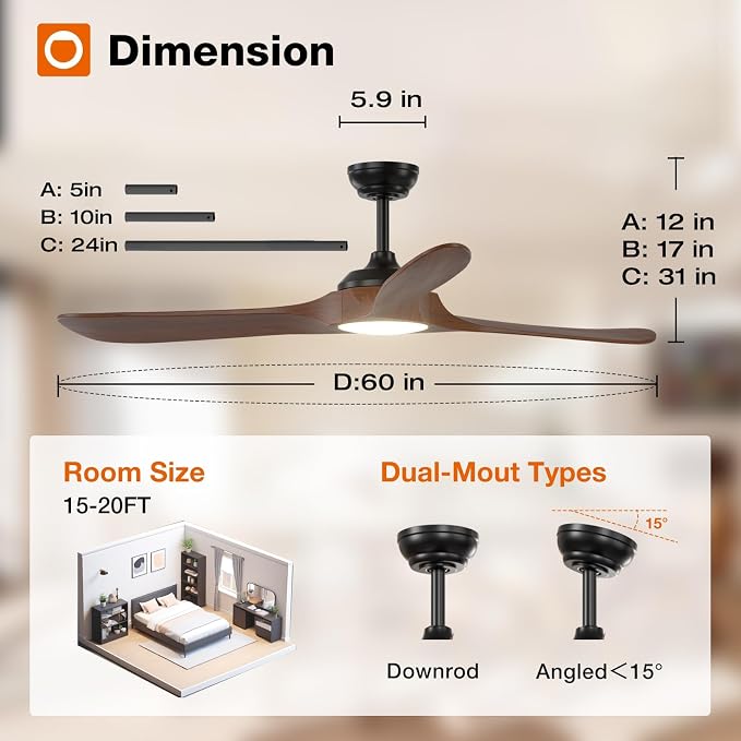 Ceiling Fans with Lights, 60 Inch Indoor/Outdoor Ceiling Fan with Remote Control, Reversible, 3 Wood Blades, 6 Speeds, 3CCT