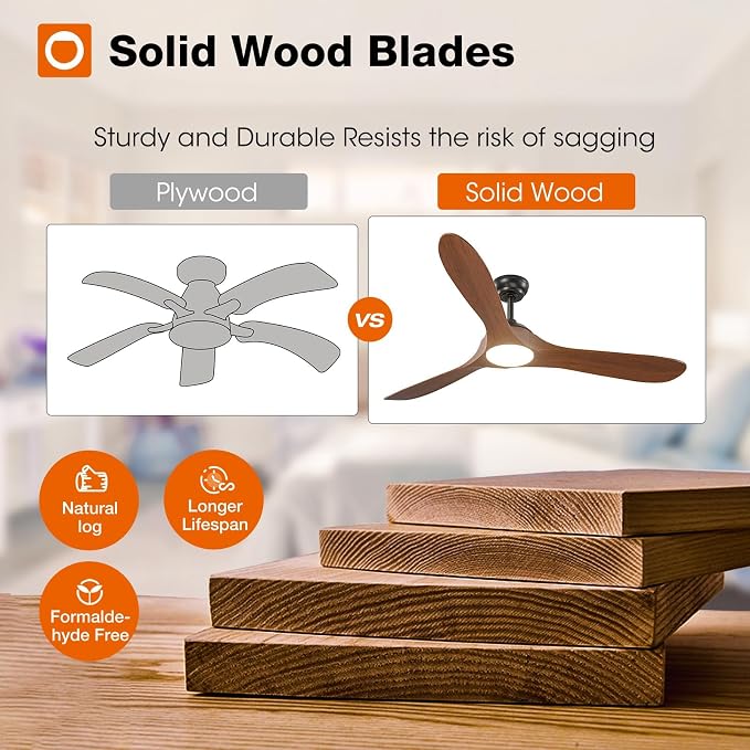 Ceiling Fans with Lights, 60 Inch Indoor/Outdoor Ceiling Fan with Remote Control, Reversible, 3 Wood Blades, 6 Speeds, 3CCT