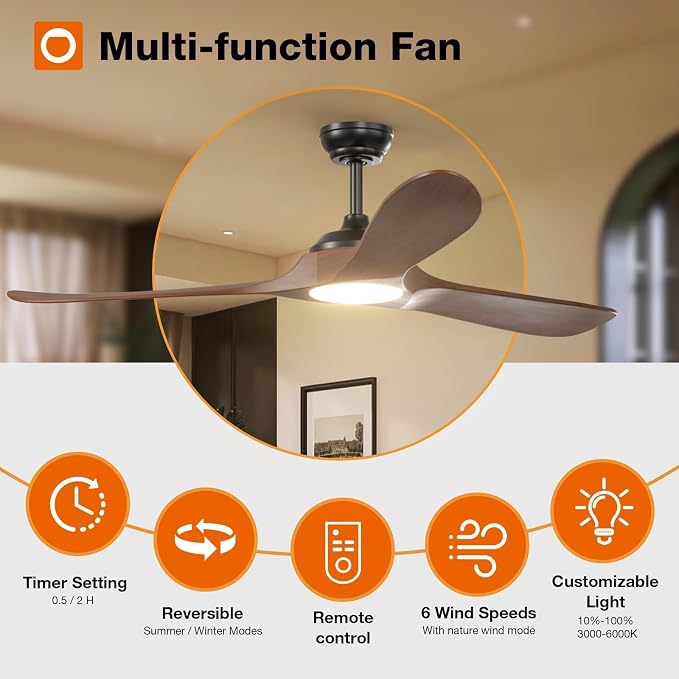 Ceiling Fans with Lights, 60 Inch Indoor/Outdoor Ceiling Fan with Remote Control, Reversible, 3 Wood Blades, 6 Speeds, 3CCT