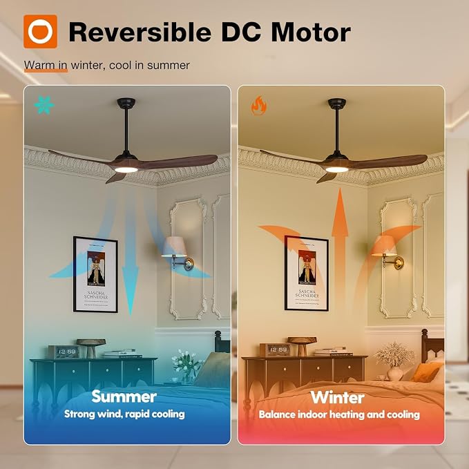 Ceiling Fans with Lights, 60 Inch Indoor/Outdoor Ceiling Fan with Remote Control, Reversible, 3 Wood Blades, 6 Speeds, 3CCT