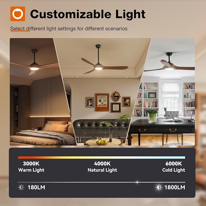 Ceiling Fans with Lights, 60 Inch Indoor/Outdoor Ceiling Fan with Remote Control, Reversible, 3 Wood Blades, 6 Speeds, 3CCT