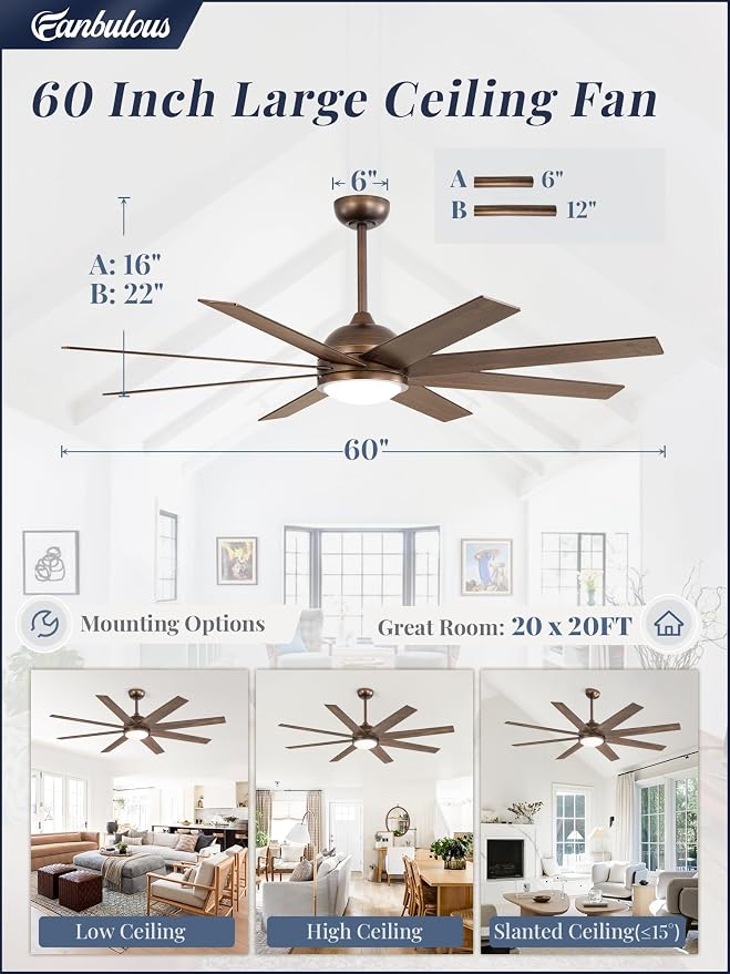 Ceiling Fans with Lights, 60 inch Large Ceiling Fan with Light and Remote, Outdoor Bronze Ceiling Fan for Living Room Patio