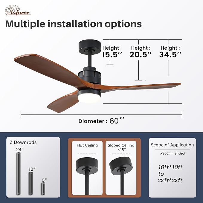 Ceiling Fans With Lights, 60 Inch Solid Wood Ceiling Fan With Light Remote Control, Indoor/Outdoor Ceiling Fan with